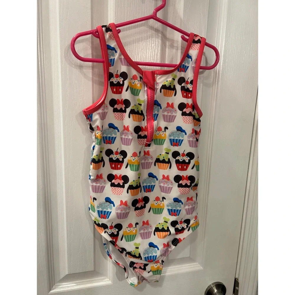 Disney‎ parks Swimsuit White Mickey Minnie Cupcake Print One Piece Zip bin B
